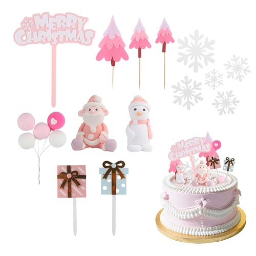 XIAQICA Weihnachts Tortendeko Set 7 Stück Tortendeko Weihnachten Cupcake Topper Weihnachten Rosa Weihnachtsmann Schneemann Schneeflocke Tannenbaum für Kuchen Deko Weihnachten von XIAQICA