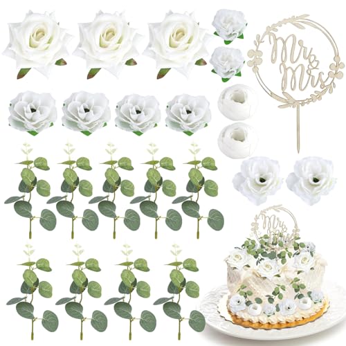 23 Stück Tortendeko Blumen, Wiederverwendbare Cake Topper Hochzeit, Hochzeitstorte Topper Kuchen mit Eukalyptusblättern, Mr & Mrs Deko Hochzeit, Hochzeit Tortenaufsatz Dekoration für Geburtstagsfeier von XIEJ