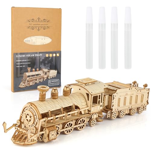 XIEJ 3D Puzzle Holz Dampflokomotive Für Erwachsene, Kinder DIY Holzpuzzle Modelleisenbahn Modellbausatz, Holzteilenbare Zug Puzzle Kit, Geeignet für Jugendliche und Erwachsene von XIEJ