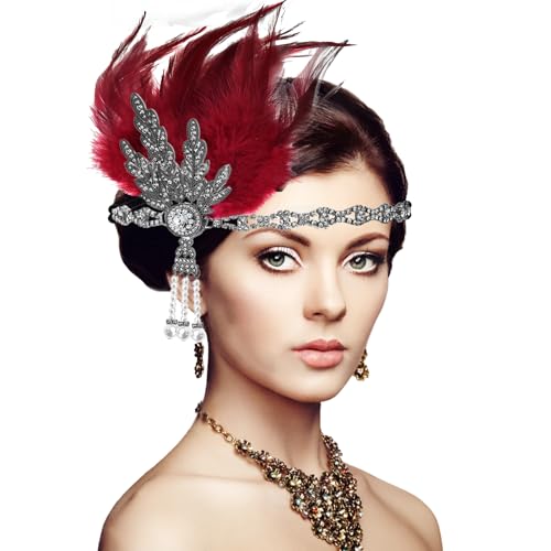 XIEXIESHER 1920s Kopfschmuck, Federschmuck Haare, Federboa Rot mit Haare Katzenaugen-Diamant für Halloween Karneval Party Hochzeit Tee-Party Dekoration Accessoire für Great Gatsby Damen von XIEXIESHER