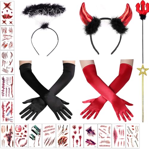 Teufel Kostüm Damen mit 15 Blutfleck Aufkleber, Teufel Kostüm Mädchen, Teufelshörner Haarreif, Engel und Teufel hörner Stirnband，Handschuhe, Teufelsohren, Karneval Mottoparty Halloween Kostüm von XIEXIESHER