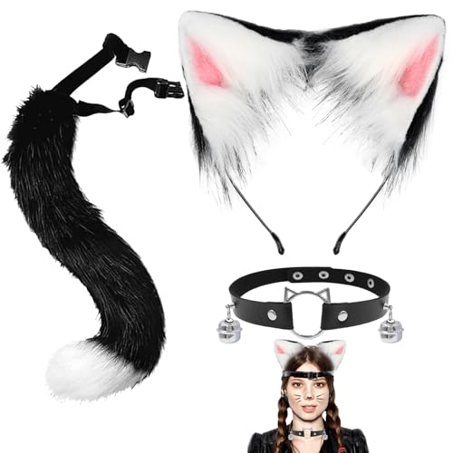 XIEXIESHER 3 Stück Katze Fuchs Cosplay, Fuchs Kunstpelz Schwanz Katzenohren Stirnband Halloween Party Kostüm Halsband Cosplay Set für Damen, Karneval Halloween Party Cosplay Kostüm Set(Schwarz/Weiß) von XIEXIESHER