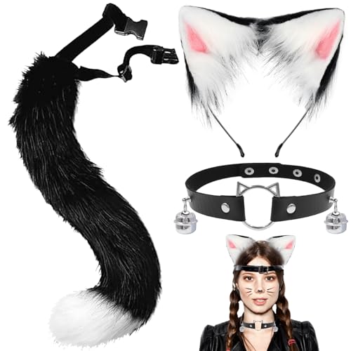 XIEXIESHER 3 Stück Katze Fuchs Cosplay, Fuchs Kunstpelz Schwanz Katzenohren Stirnband Halloween Party Kostüm Halsband Cosplay Set für Damen, Karneval Halloween Party Cosplay Kostüm Set(Schwarz/Weiß) von XIEXIESHER