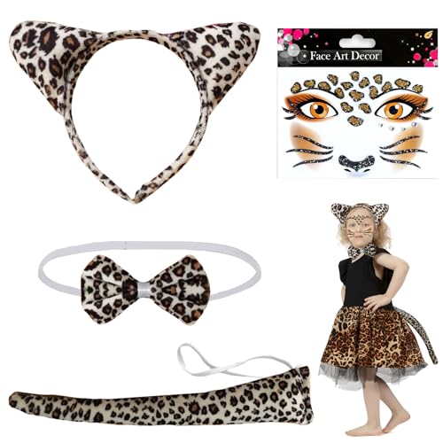 XIEXIESHER 4-teilig Leopard Kostüm Set, Tier Leopard Stirnband Fliege+Schwanz, Leoparden Ohren, Leopard Gesicht Kunst Aufkleber,Leoparden Kostüm Damen,für Karneval Fasching Halloween Party von XIEXIESHER