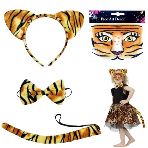 Tiger Kostüm Set, 4 pcs Tier Tiger Stirnband Fliege, Tiger Schwanz, Tigeren Ohren, Tiger Gesicht Kunst Aufkleber,Tigeren Kostüm Damen, Tierkostüm Kinder, für Karneval Fasching Halloween Party von XIEXIESHER