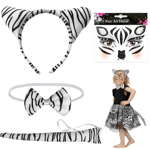 Zebra Kostüm Set, 4pcs Tier Zebra Stirnband Fliege, Zebra Schwanz, Zebra Ohren, Zebra Gesicht Kunst Aufkleber, Zebra kostüm Kinder, Zebra Kostüm Damen, für Karneval Fasching Halloween Party von XIEXIESHER