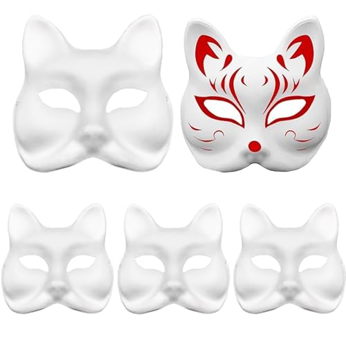 XIEXIESHER 5/10 Stück Katzenmasken zum Bemalen, DIY Weiße Maske, Fuchsmaske, Therian Mask, Theathermaske zum Bemalen Unbemalt Masken für Kinder Erwachsene Karneval,Weihnachten Fasching, Party Cosplay von XIEXIESHER