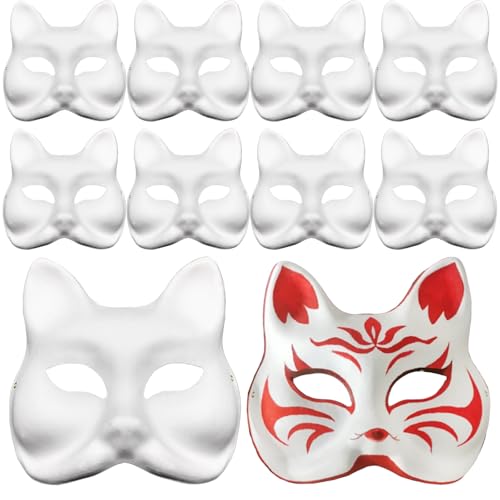 XIEXIESHER 5/10 Stück Katzenmasken zum Bemalen, DIY Weiße Maske, Fuchsmaske, Therian Mask, Theathermaske zum Bemalen Unbemalt Masken für Kinder Erwachsene Karneval,Weihnachten Fasching, Party Cosplay von XIEXIESHER