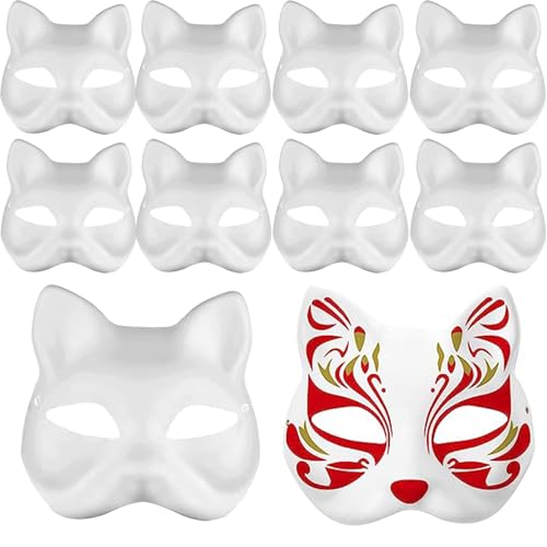 XIEXIESHER 5/10 Stück Katzenmasken zum Bemalen, DIY Weiße Maske, Fuchsmaske, Therian Mask, Theathermaske zum Bemalen Unbemalt Masken für Kinder Erwachsene Karneval,Weihnachten Fasching, Party Cosplay von XIEXIESHER