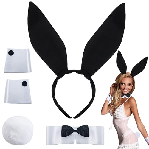 XIEXIESHER 5 Stück Damen Bunny Kostüm Set, Hasenohren Haarreif Fliege Manschetten Schwanz, Bunny Girl Cosplay Kostüm für Damen Ostern Halloween Karneval Cosplay Party(Schwarz) von XIEXIESHER