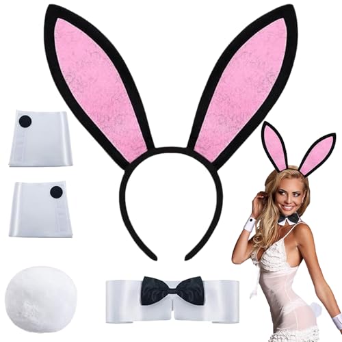 XIEXIESHER 5 Stück Damen Bunny Kostüm Set, Hasenohren Haarreif Fliege Manschetten Schwanz, Bunny Girl Cosplay Kostüm für Damen Ostern Halloween Karneval Cosplay Party(Schwarz Rosa) von XIEXIESHER