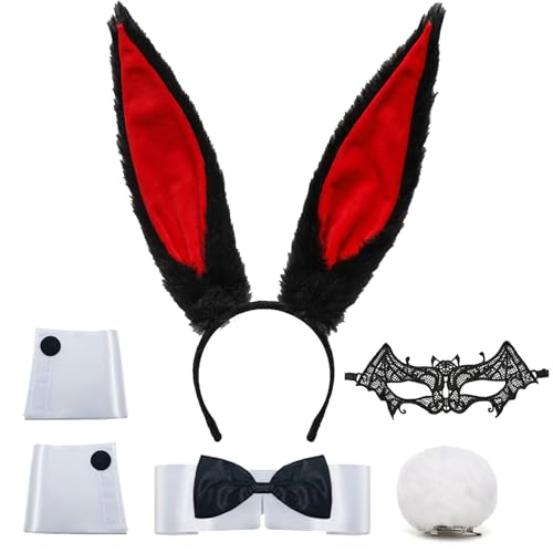 XIEXIESHER 6 Stück Damen Bunny Kostüm Set, Hasenohren Haarreif Fliege Manschetten Schwanz, Bunny Girl Cosplay Kostüm für Damen Ostern Halloween Karneval Cosplay Party(Schwarz Rot) von XIEXIESHER