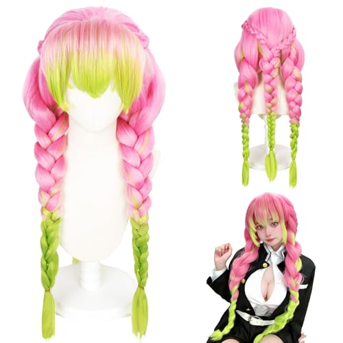 XIEXIESHER Anime Kanroji Mitsuri Perücken, Mitsuri Cosplay Wig mit Free Wig Cap, 80 cm, Kopfumfang Perücke Charakter Verkleiden Perücke Passend für kleine Mädchen Halloween und Karneval von XIEXIESHER