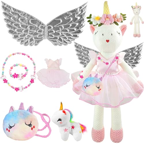 XIEXIESHER Einhorn Kuscheltier Stoffpuppe Plüschtier, Weiche Puppe Doll, mit Silberne Flügel, Einhorn-Halsketten, Rucksack und Einhorn-Plüschtier, Dress Up Spielzeug für Mädchen ab 3 4 5 6 7 8 Jahre von XIEXIESHER