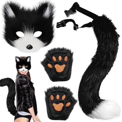 XIEXIESHER 3 Stück Katze Fuchs Cosplay, Pelzige Fuchs Maske, Handgefertigtes Fuchs Wolf Ohren+Fuchs Tails Kostüm+Katze Fuchs Handschuhe,Karneval Halloween Party Cosplay Kostüm Set(Schwarz Weiß) von XIEXIESHER