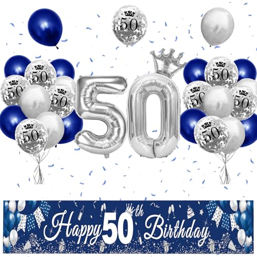 XIEXIESHER 50 Geburtstag Deko, Blau Silber Luftballons 50 Geburtstag Dekoration Set, Partydeko mit Kronenballon und Banner 50 geburtstag mann, für Männer Frauen Party Deko 50.Geburtstag von XIEXIESHER