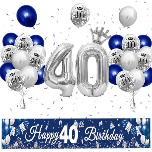 XIEXIESHER 40 Geburtstag Deko, Blau Silber Luftballons 40 Geburtstag Dekoration Set, Partydeko mit Kronenballon und Banner 40 geburtstag mann, für Männer Frauen Party Deko 40.Geburtstag von XIEXIESHER