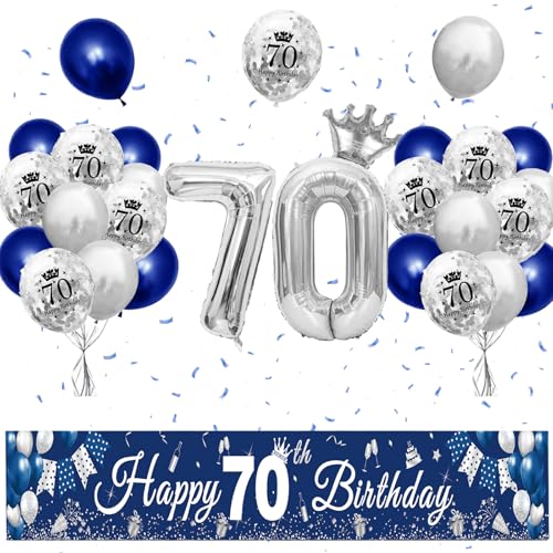 XIEXIESHER 70 Geburtstag Deko, Blau Silber Luftballons 70 Geburtstag Dekoration Set, Partydeko mit Kronenballon und Banner 70 geburtstag mann, für Männer Frauen Party Deko 70.Geburtstag von XIEXIESHER