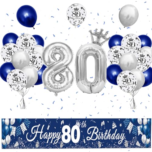 XIEXIESHER 80 Geburtstag Deko, Blau Silber Luftballons 80 Geburtstag Dekoration Set, Partydeko mit Kronenballon und Banner 80 geburtstag mann, für Männer Frauen Party Deko 80.Geburtstag von XIEXIESHER