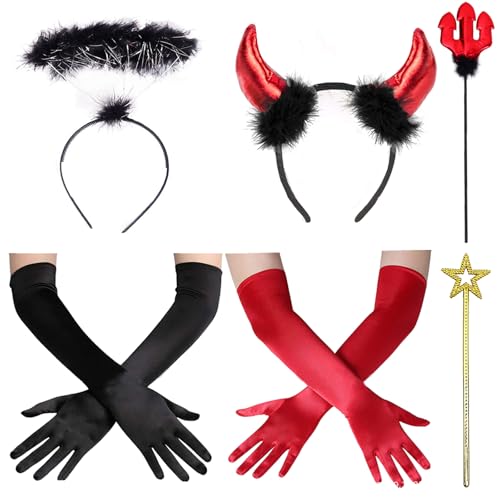 XIEXIESHER 6Stk Teufel Kostüm Damen, Teufel Kostüm Mädchen, Teufelshörner Haarreif, Teufel Kostüm Zubehör, Engel und Teufel hörner Stirnband, Teufelsohren, Karneval Mottoparty Halloween Kostüm von XIEXIESHER