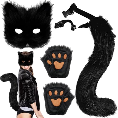 XIEXIESHER 3 Stück Katze Fuchs Cosplay, Pelzige Fuchs Maske, Handgefertigtes Fuchs Wolf Ohren+Fuchs Tails Kostüm+Katze Fuchs Handschuhe,Karneval Halloween Party Cosplay Kostüm Set(Schwarz) von XIEXIESHER