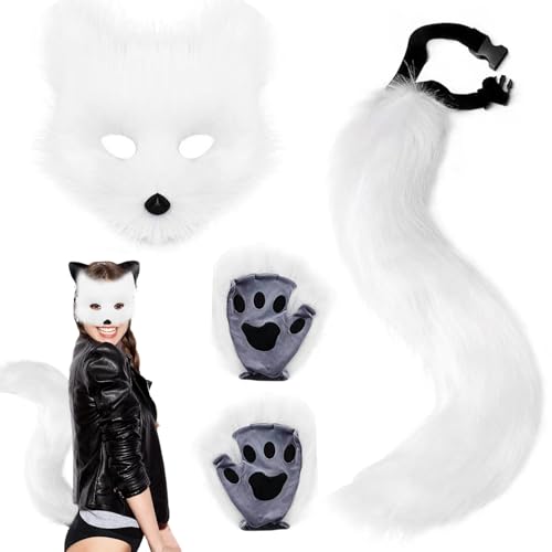 XIEXIESHER 3 Stück Katze Fuchs Cosplay, Fuchs Kunstpelz Schwanz Katzenohren Stirnband Halloween Party Kostüm Halsband Cosplay Set für Damen, Karneval Halloween Party Cosplay Kostüm Set(Schwarz/Weiß) von XIEXIESHER