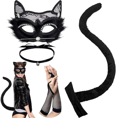 XIEXIESHER 5 Stück Spitze Katze Fuchs Cosplay, Fuchs Maske,Therian Tail, Choker Fingerless Fishnet Gloves, Lace Mädchen Spitzen Maske, Karneval Halloween Party Cosplay Kostüm Set(Spitze) von XIEXIESHER