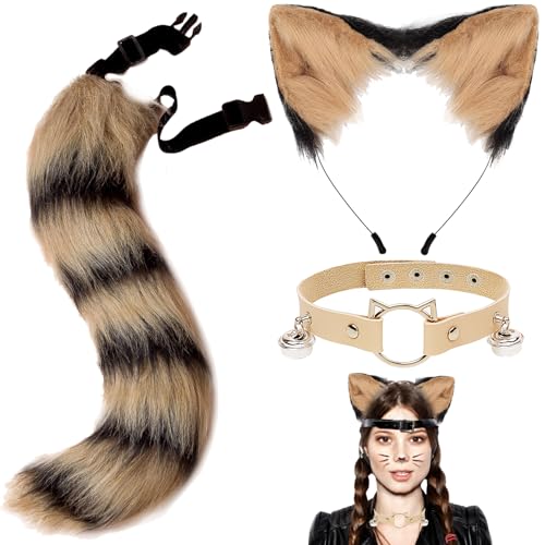 XIEXIESHER 3 Stück Katze Fuchs Cosplay, Fuchs Kunstpelz Schwanz Katzenohren Stirnband Halloween Party Kostüm Halsband Cosplay Set für Damen, Karneval Halloween Party Cosplay Kostüm Set(Gelb/Schwarz) von XIEXIESHER