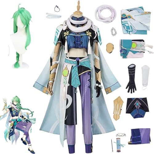 XIEXIEUS Genshin Impact Traveler BaiZhu Cosplay Kostüme Unisex Uniform Zubehör Anzug Halloween Partykleid Komplettset Damen Mädchen Halloween Party Dress Up Kostüm mit Perücke für Sie von XIEXIEUS