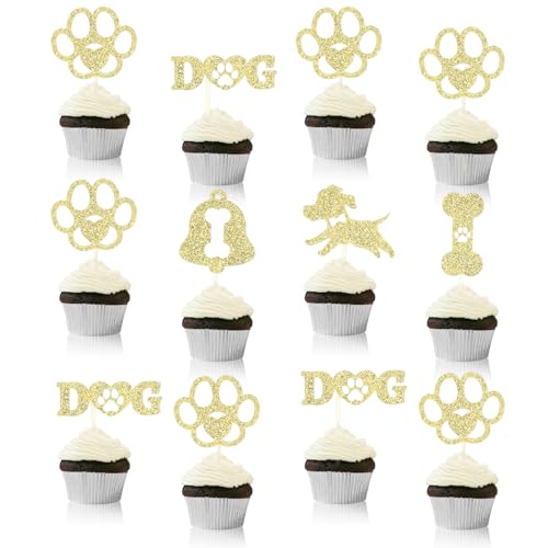 12st Cupcake Topper mit Hundepfoten, Glitzer Cupcake Dekorationen Buchstaben Welpenknochen Mini Pfote Cupcake Picker für Babyparty Geburtstag Jungen Mädchen Kuchen Dessertzubehör von XIHIRCD