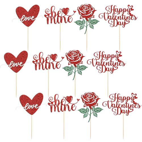 12stk Cupcake-Topper zum Valentinstag, Rote Glitzernde Dekoration zum Valentinstag Liebesherz Rose Happy Valentines Day Cupcake-Topper Perfekte Dekoration für Hochzeit Valentinstag von XIHIRCD