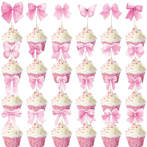 24 Stk Schleifen Cupcake Topper, Rosa Schleifen Kuchenaufsatz Kupferpapier Rosa Schleifen Cupcake Topper Fliege Kucheneinsatz für Schleifenparty Geburtstagsdekoration für Mädchen von XIHIRCD