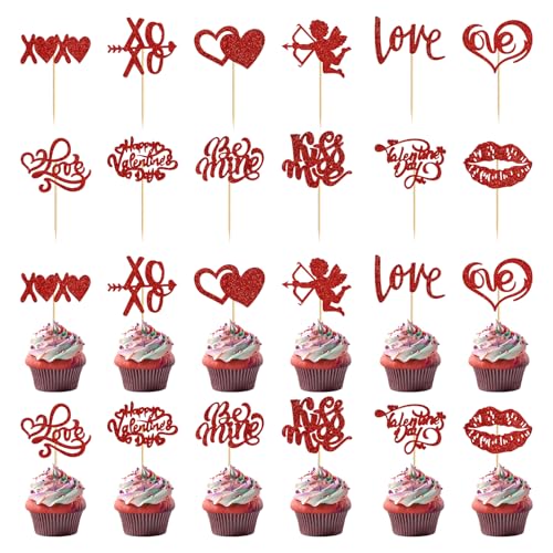 24 Stück Cupcake-Topper zum Valentinstag, Kucheneinsätze zum Valentinstag Liebesherz Rose Happy Valentines Day Cupcake-Topper Glitzernd Valentinstag-Kuchendekorationen (Rot) von XIHIRCD