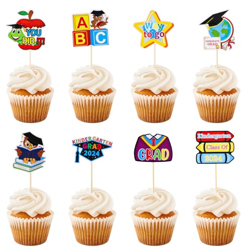 24 Stück Kindergarten Abschluss Cupcake Topper, Klasse 2024 Abschluss Cupcake Deko Picks Niedlicher Stil Kindergarten Abschluss Tortendeko Dekorationen Partyzubehör (8 Muster) von XIHIRCD