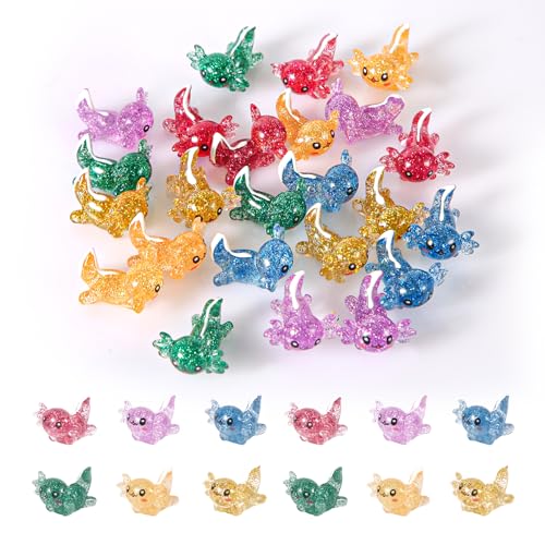 24 Stück Mini Axolotl Figuren, Glitzernd Miniatur-Axolotl, Kleine Tierfiguren für Heimwerker Handwerk Garten Landschaft Puppenhaus Aquarium-Ornament Geburtstag Party Dekorationen (6 Farben) von XIHIRCD