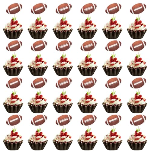 24 Stück Rugby-Cupcake-Topper, Fußball-Kuchenaufsatz Cupcake-Picker mit Fußballmotiv Super-Bowl-Party-Dekoration Rugbyball-Kuchenaufsatz Fußball-Cupcake-Picker für Geburtstagspartys von XIHIRCD