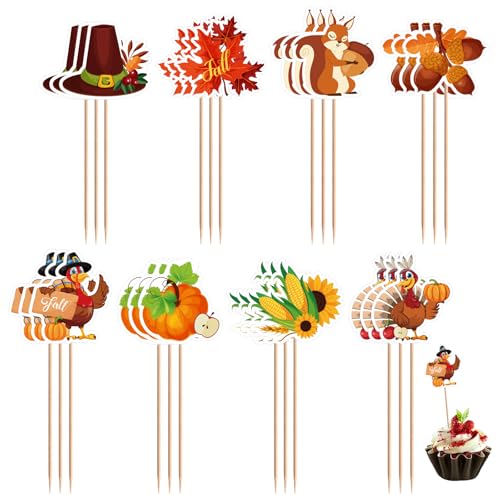 24 Stück Thanksgiving-Cupcake-Topper, Herbst-Kuchen-Topper Truthahn Kürbis Ahorn-Topper Cupcake-Lebensmittelzubehör für Herbst-Mottoparty Thanksgiving-Party-Dekoration von XIHIRCD