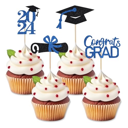 36 Stück Cupcake Topper Abschluss 2024, Glitzernd Abschlusskappe Diplom Cupcake Topper Abschlussfeier Zubehör Abschluss Cupcake Deko für Abschlussfeier, Geburtstagsfeier (Blau) von XIHIRCD