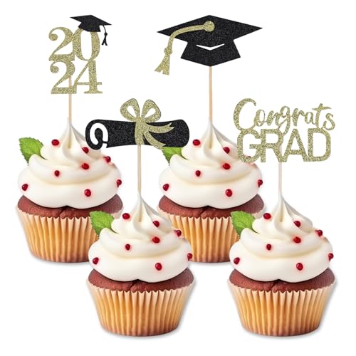 36 Stück Cupcake Topper Abschluss 2024, Glitzernd Abschlusskappe Diplom Cupcake Topper Abschlussfeier Zubehör Abschluss Cupcake Deko für Abschlussfeier, Geburtstagsfeier (Gold) von XIHIRCD