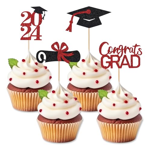36 Stück Cupcake Topper Abschluss 2024, Glitzernd Abschlusskappe Diplom Cupcake Topper Abschlussfeier Zubehör Abschluss Cupcake Deko für Abschlussfeier, Geburtstagsfeier (Rot) von XIHIRCD