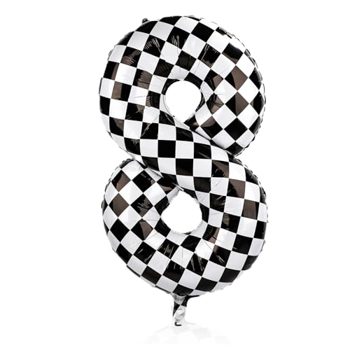 Karierter Ballon, 101,6 cm Großer Schwarz-Weiß Karierter Ballon Geburtstagsballon Zahlenballon Rennwagen Ballon für Geburtstagsfeier Zubehör zum Thema Rennwagen Rennen (8) von XIHIRCD