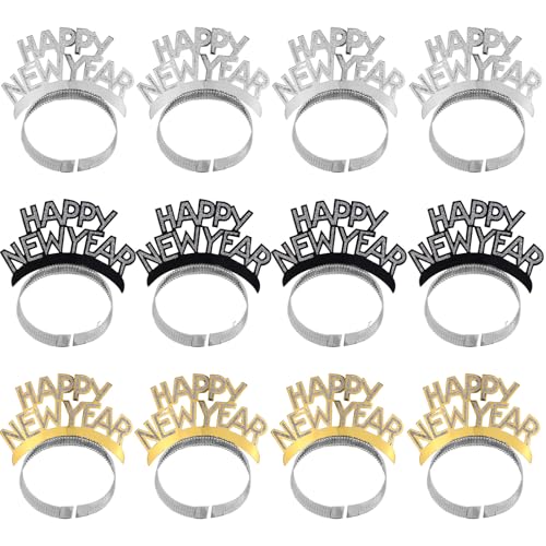 12 Stück Frohes Neues Jahr-Stirnband-Tiara, Silvester-Partygeschenke 2025 Silvester-Cosplay-Stirnband Frohes Neues Jahr-Kopfschmuck für Erwachsene Kinder (3 Farben) von XIHIRCD