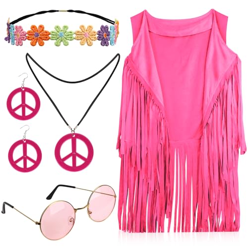 XIHIRCD Hippie Kostüm Set, Hippie Kostüm Zubehör Inklusive Ärmellosem Fransen-Tanktop, Ohrringen, Halskette, Stirnband, Vintage-Sonnenbrille Fransenweste-Kostüm 60er 70er (XL, Pink) von XIHIRCD