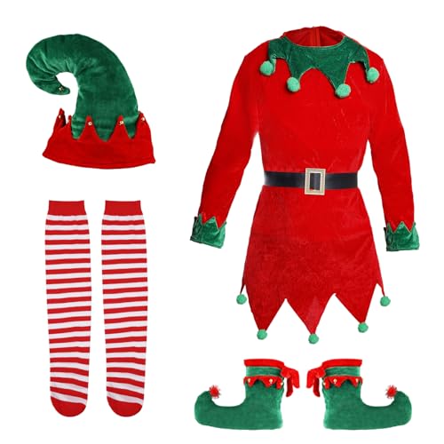 XIHIRCD Weihnachts Elfen Kostüm Sets, lustig Cosplay Weihnachtskostüm mit Elfenhut, Langen Gestreiften Socken, Glockenschuhen, für Kinder, Mädchen, Jungen, Frauen, Partygeschenke (12-14 Jahre Alt) von XIHIRCD