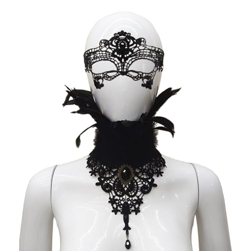 XIMEY Feder Halskette Gothic Choker mit Schwarz Spitze Maske, Damen Gothic Viktorianische Feder Halskette Set, Vintage Feder Rabe Hexe Accessoires für Halloween-Kostümparty, Cosplay und Karneval von XIMEY