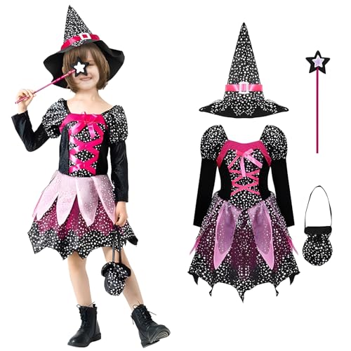 XIMEY Kostüm Hexe Kinder, Hexe Kostüm Kinder, Hexenkostüm, Halloween Kostüm Mädchen, Hexe Kleid Mädchen, schönes Kostüm Kinder Halloween mit Hexenhut Zauberstab für Halloween, Karneval, Maskerade von XIMEY