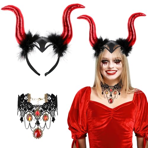 XIMEY Hörner Kopfschmuck, 2 Pcs Königin Hörner mit Gothic Retro Spitzenhalskette, Teufel Haarschmuck, Hörner Haarreif, Halloween Damen Kostüm für Karneval, Maskerade, Cosplay, Karneval (Rot) von XIMEY