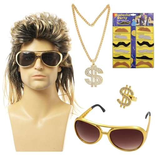 XIMKONTER 80er Jahre Kostüm Herren, Vokuhila Perücke Herren 5er Set, Sonnenbrille, Schnurrbart, Goldring- für Halloween Fasching Karneval Thema 70er 80er Kostüm Party von XIMKONTER