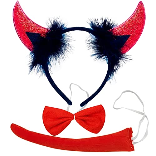 XINCHEN Teufelshörner Set Karneval Teufel Kit Teufelsohren Strinband mit Fliege Teufelsschwanz Devil Horn Headband Halloween Party Zubehör für Damen Karneval Cosplay Maskerade von XINCHEN