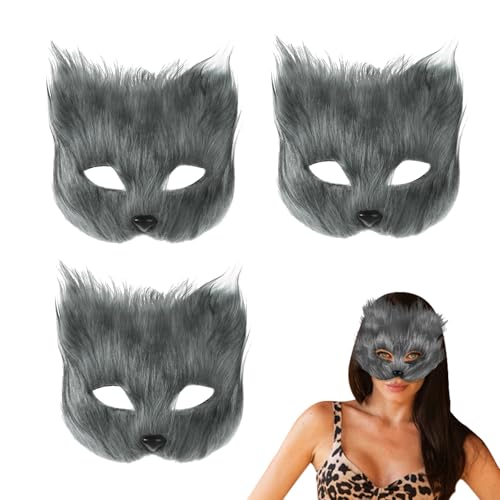 3pcs Furry Fox Cat Mask Therian Mask Half Face Veil Eyewear Halloween Cosplay Party Fancy Dress Eye Mask Night Club Party Dress Up Cat Mask Easter Carnival Cosplay Party Costume Accessory Makeup Prop von XINCHIA